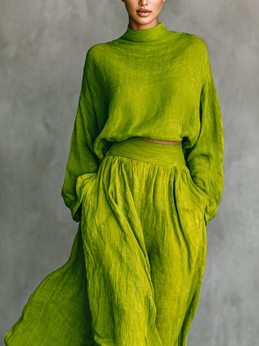 Conjunto de top de cuello alto verde para mujer y falda larga
