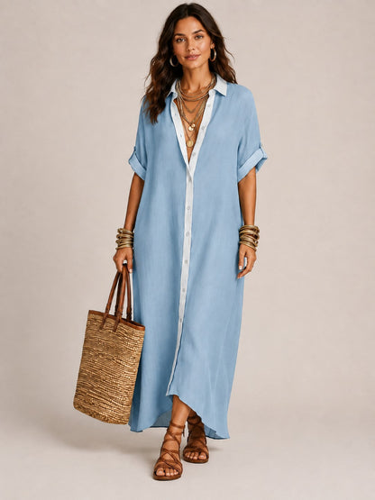 Vestido largo camisero de manga corta con mezcla de lino