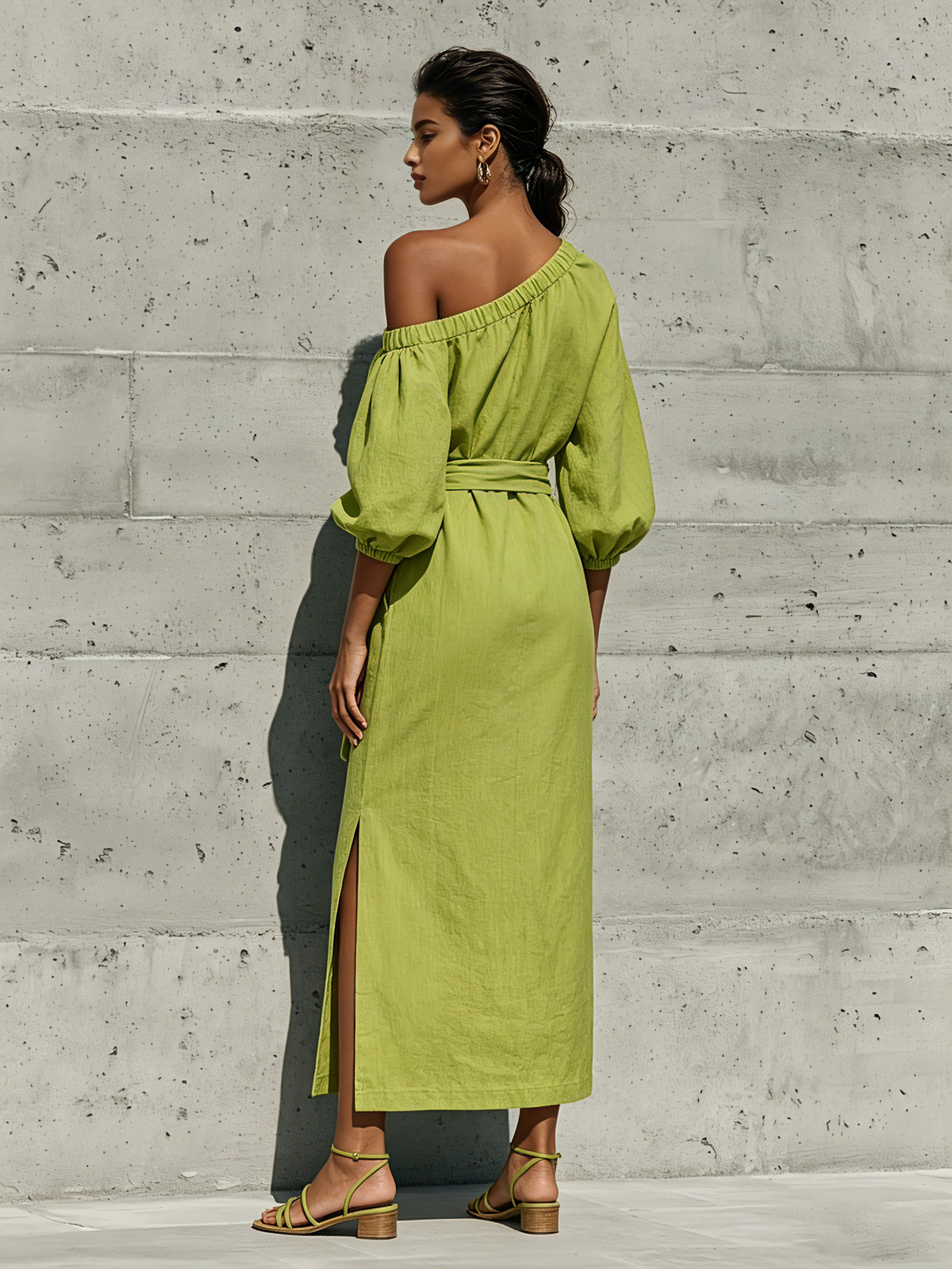 Vestido midi de lino con hombros descubiertos