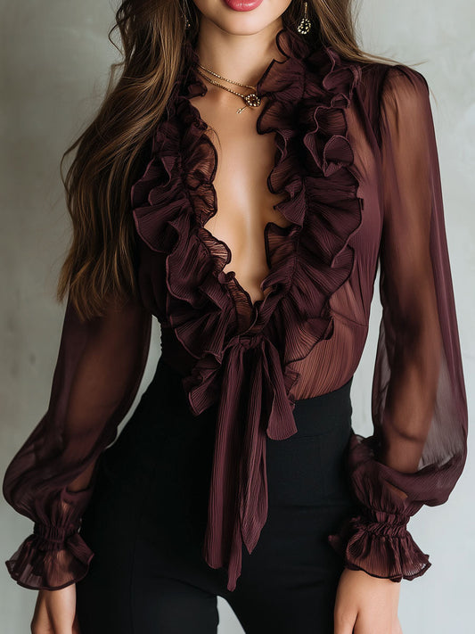 Blusa Retro con Volantes y Lazo Frontal