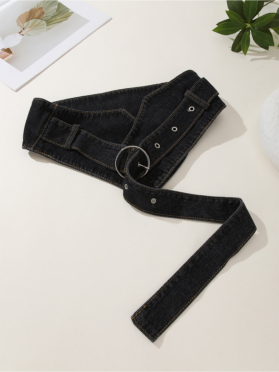 Cinturón ancho de cintura con hebilla y anillo de mezclilla casual para mujer