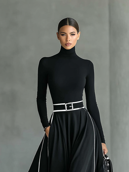 Vestido largo ajustado para mujer con cuello alto, mangas largas, costuras negras y ribete blanco con cinturón