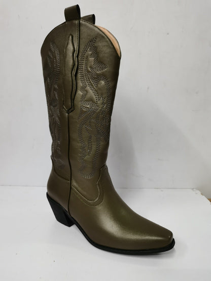 Botas occidentales con punta puntiaguda bordada y tacón grueso