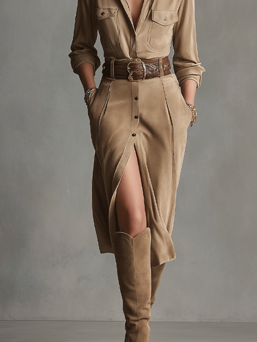 Vestido midi de ante marrón de moda para mujer