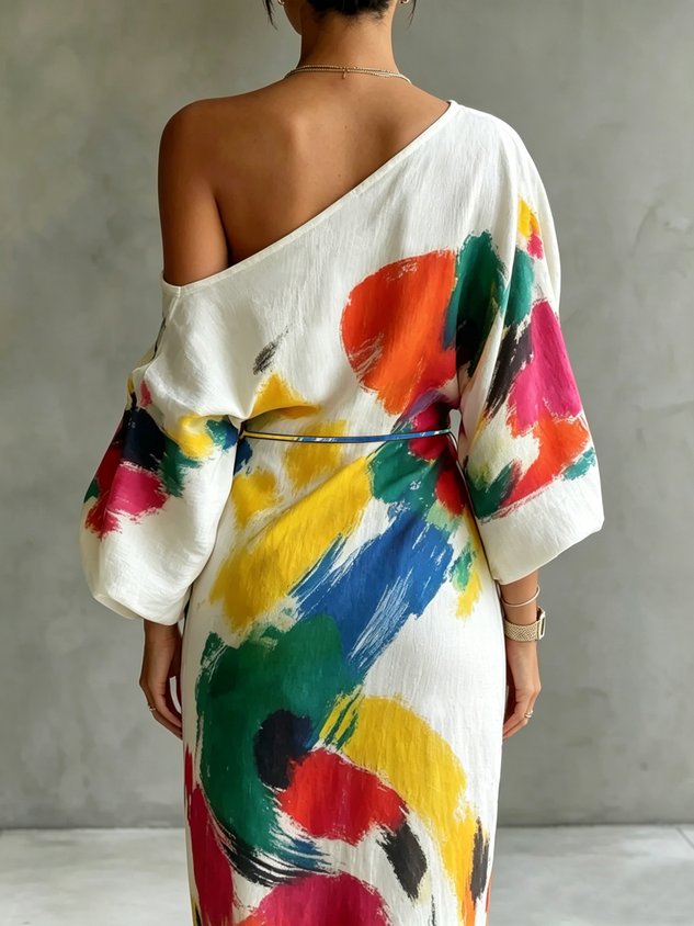 Vestido largo con estampado abstracto y un solo hombro
