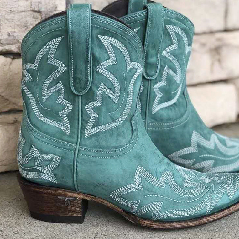 Botas cortas vaqueras vintage bordadas con tacón bloque