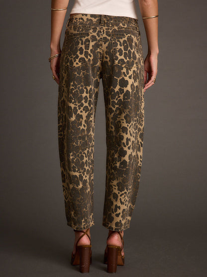 Vaqueros Retro de Barril con Estampado de Leopardo del Oeste