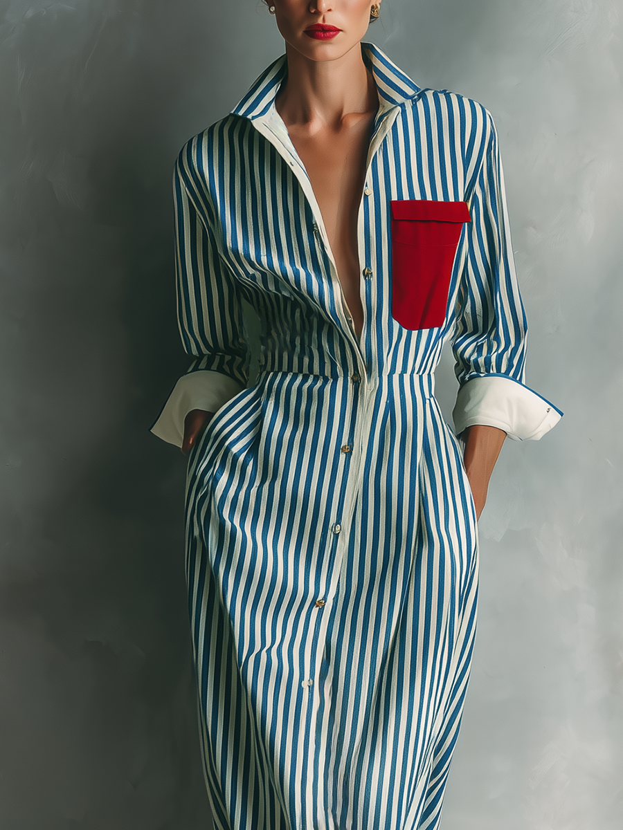 Vestido camisa a rayas azul y blanco de mezcla de algodón con bolsillo rojo en el pecho