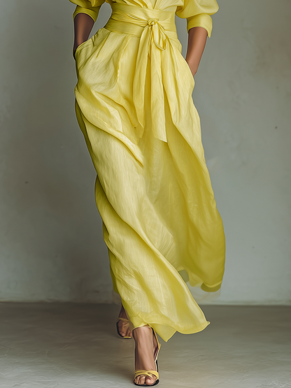 Vestido camisa maxi de mezcla de algodón y lino en amarillo limón