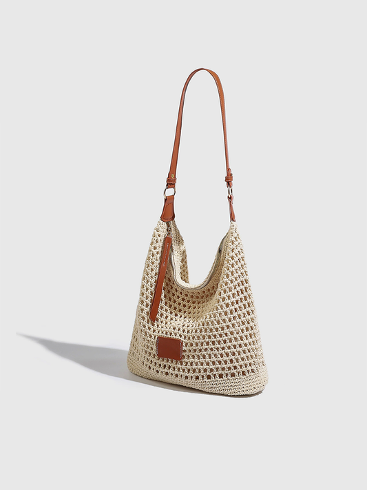 Bolsa de playa tejida hueca para mujer, bolso de hombro