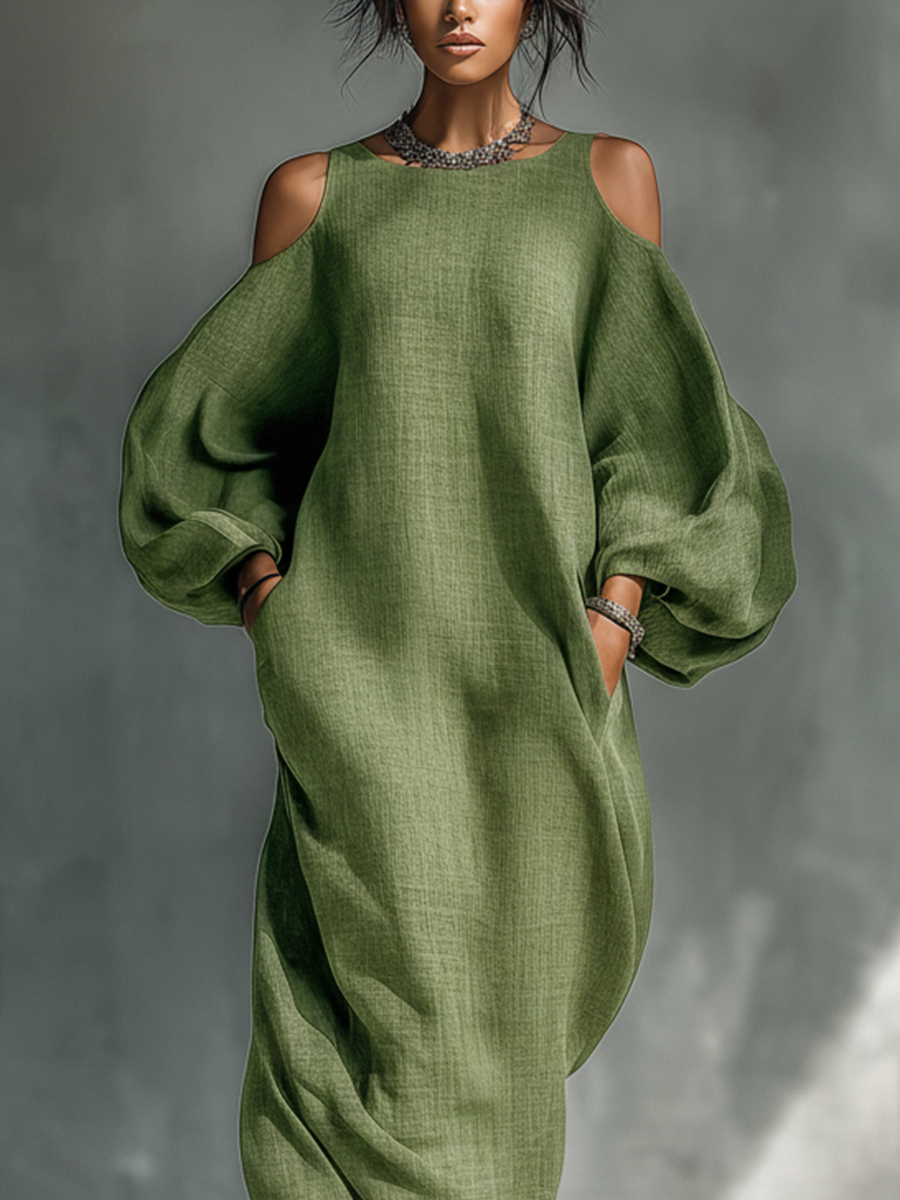 Vestido maxi con hombros descubiertos, mangas abullonadas extragrandes y bolsillos laterales