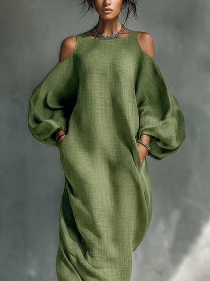 Vestido maxi con hombros descubiertos, mangas abullonadas extragrandes y bolsillos laterales
