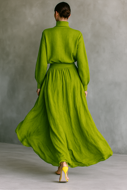 Conjunto de top de cuello alto verde para mujer y falda larga