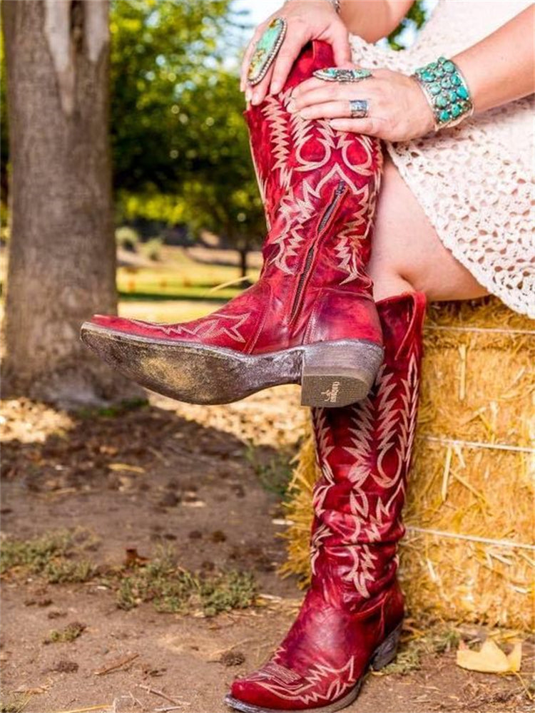 Botas vintage vaqueras bordadas hasta la rodilla