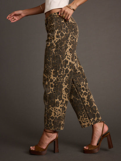 Vaqueros Retro de Barril con Estampado de Leopardo del Oeste