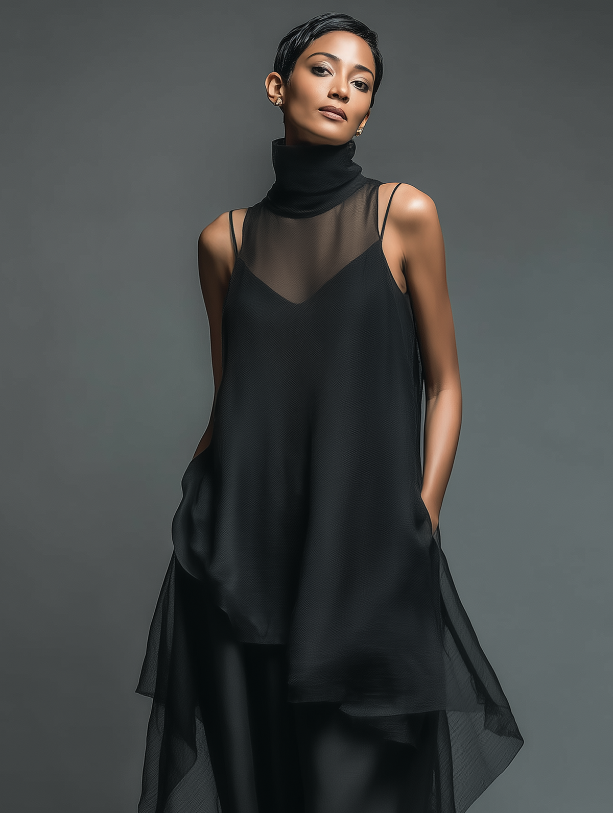 Vestido maxi etéreo de capas con tirantes