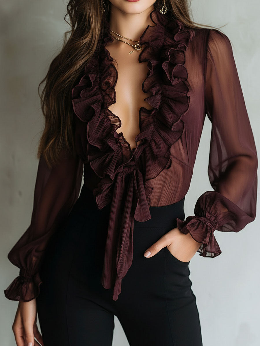 Blusa Retro con Volantes y Lazo Frontal