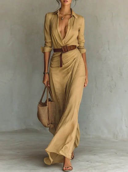 Vestido largo maxi con cinturón, camisa de manga larga para mujer con solapa