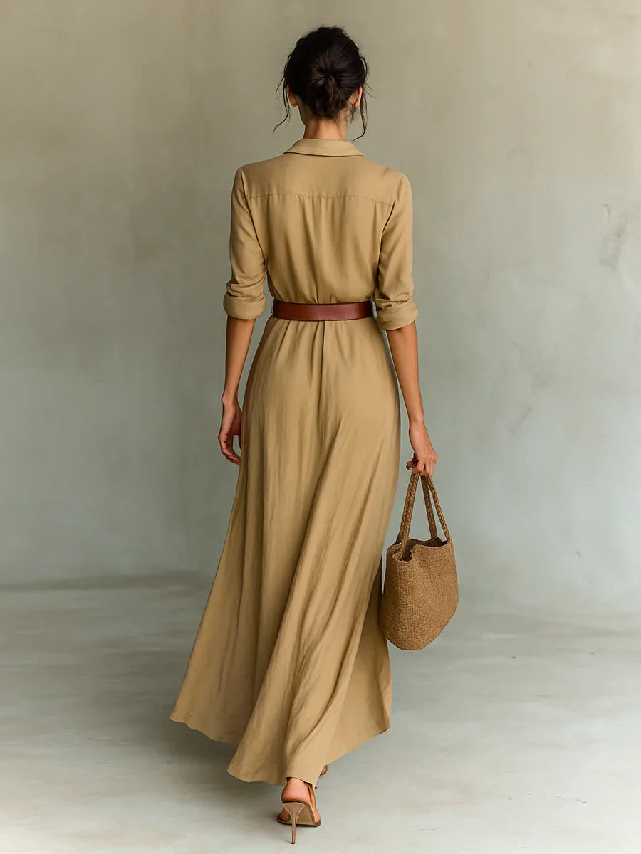 Vestido largo maxi con cinturón, camisa de manga larga para mujer con solapa