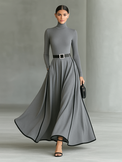 Vestido largo ajustado para mujer con cuello alto, mangas largas, costuras negras y ribete blanco con cinturón