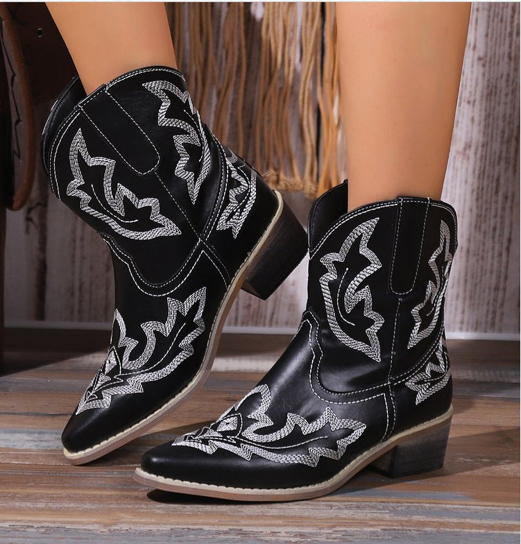 Botas cortas vaqueras vintage bordadas con tacón bloque