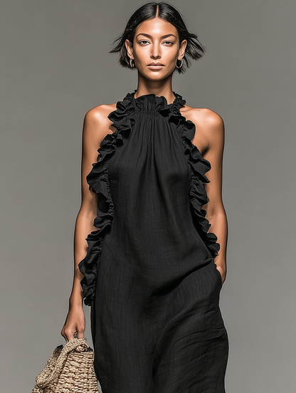 Vestido largo sin mangas de lino con volantes