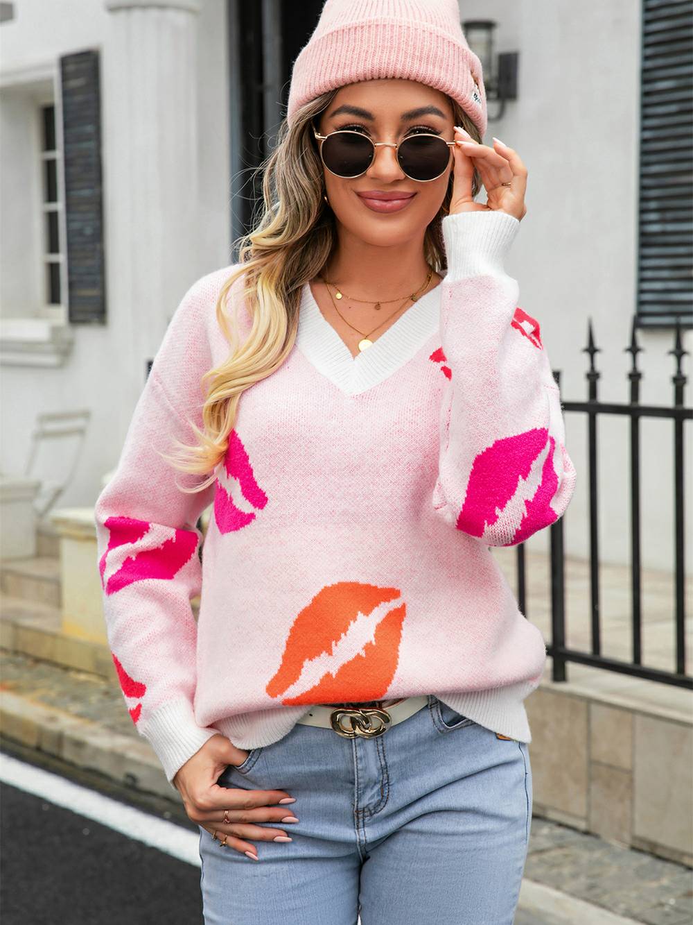 Suéter tipo jersey de punto con cuello en V de Lips of Love