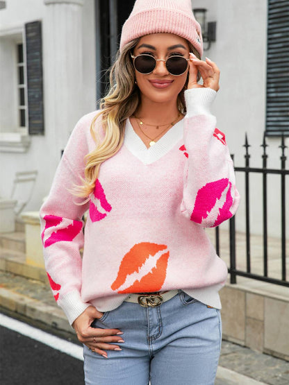 Suéter tipo jersey de punto con cuello en V de Lips of Love