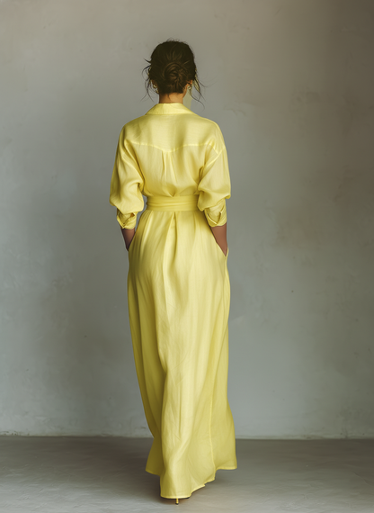 Vestido camisa maxi de mezcla de algodón y lino en amarillo limón