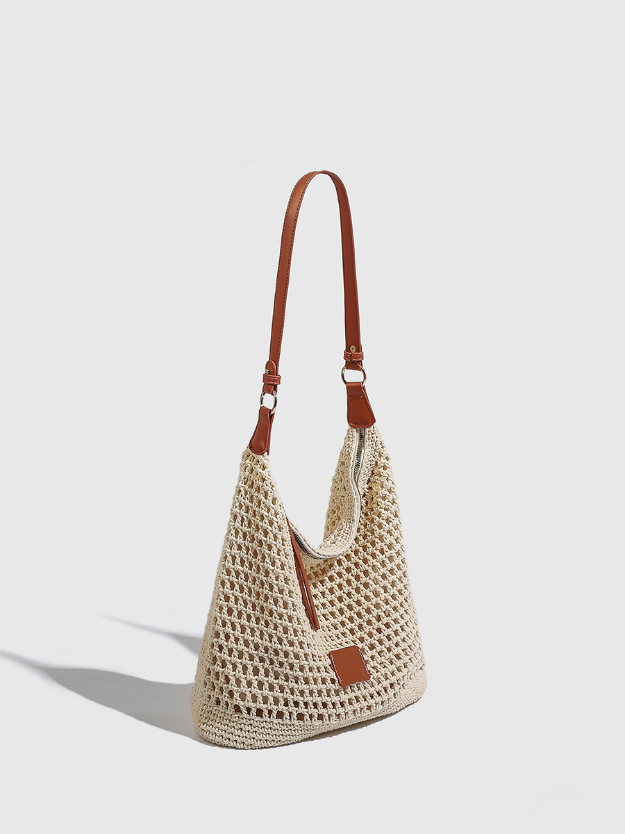 Bolsa de playa tejida hueca para mujer, bolso de hombro