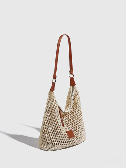 Bolsa de playa tejida hueca para mujer, bolso de hombro
