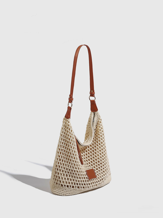 Bolsa de playa tejida hueca para mujer, bolso de hombro