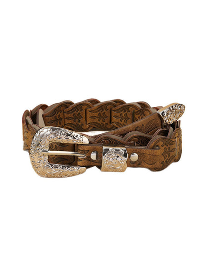 Cinturón de cintura floral estampado de cuero sintético estilo occidental elegante para mujer