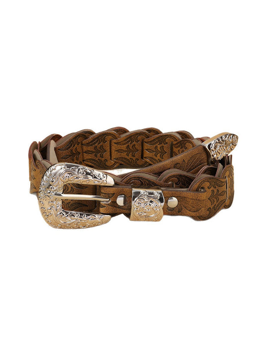 Cinturón de cintura floral estampado de cuero sintético estilo occidental elegante para mujer