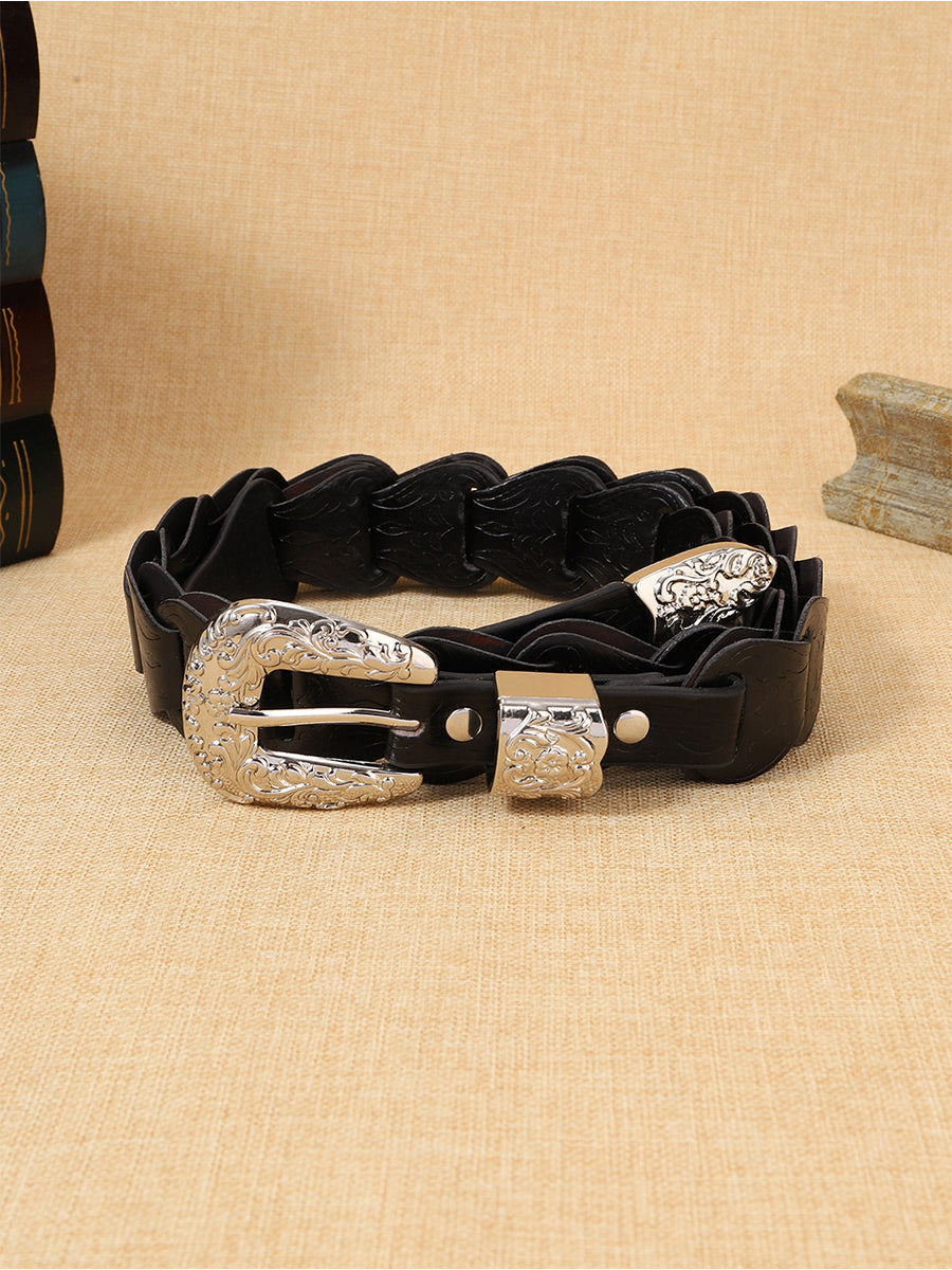Cinturón de cintura floral estampado de cuero sintético estilo occidental elegante para mujer