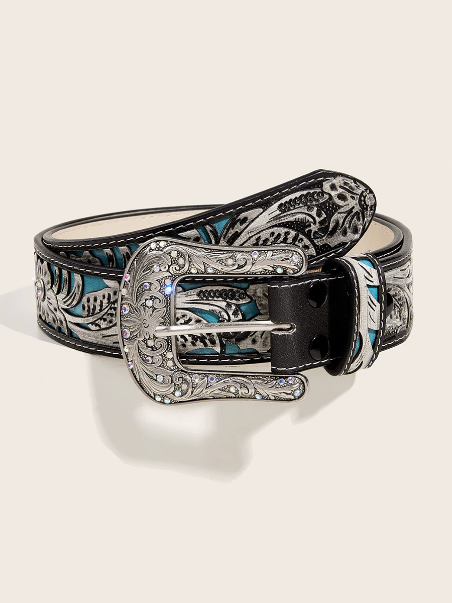 Cinturón personalizado para mujer de cuero PU con relieve y pedrería