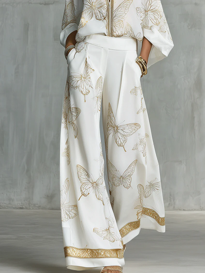 Conjunto suelto de dos piezas casual elegante con estampado de mariposas doradas