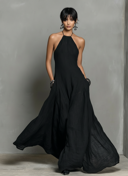 Vestido largo minimalista de mezcla de lino con cuello halter