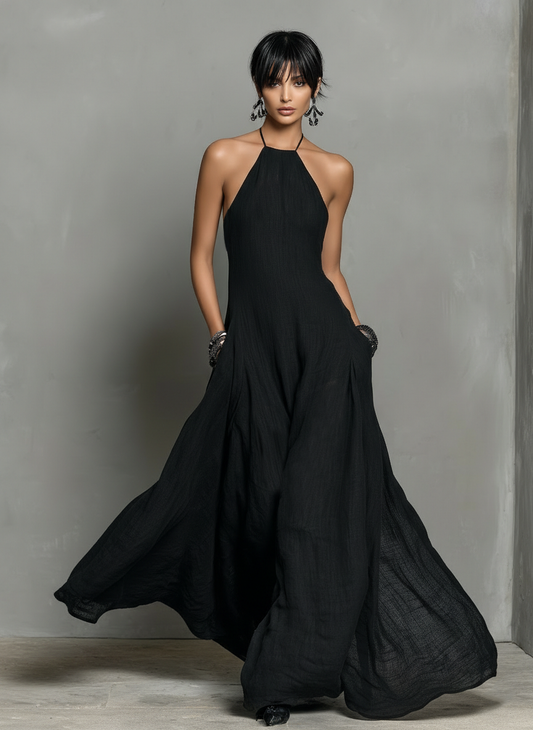Vestido largo minimalista de mezcla de lino con cuello halter