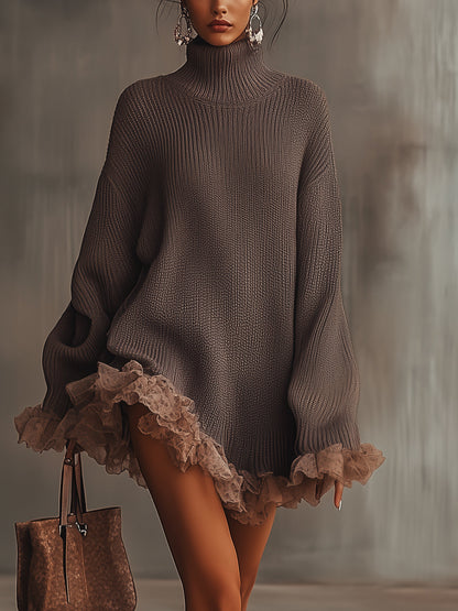 Vestido suéter marrón con cuello alto y dobladillo con volantes