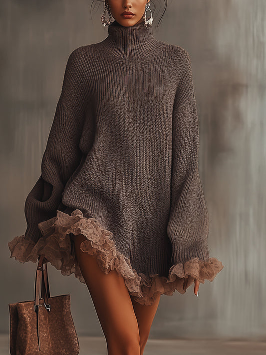 Vestido suéter marrón con cuello alto y dobladillo con volantes
