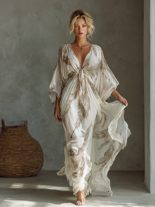 Vestido maxi de gasa con estampado de hojas de palma y nudo frontal con mangas dolman