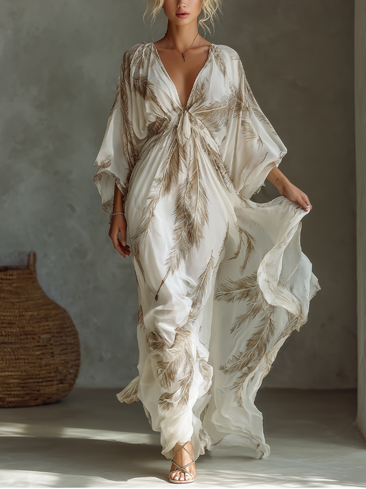 Vestido maxi de gasa con estampado de hojas de palma y nudo frontal con mangas dolman