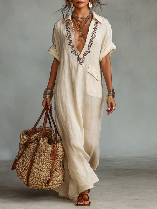 Vestido largo minimalista de lino mezclado con bordado y mangas cortas