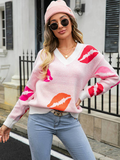 Suéter tipo jersey de punto con cuello en V de Lips of Love