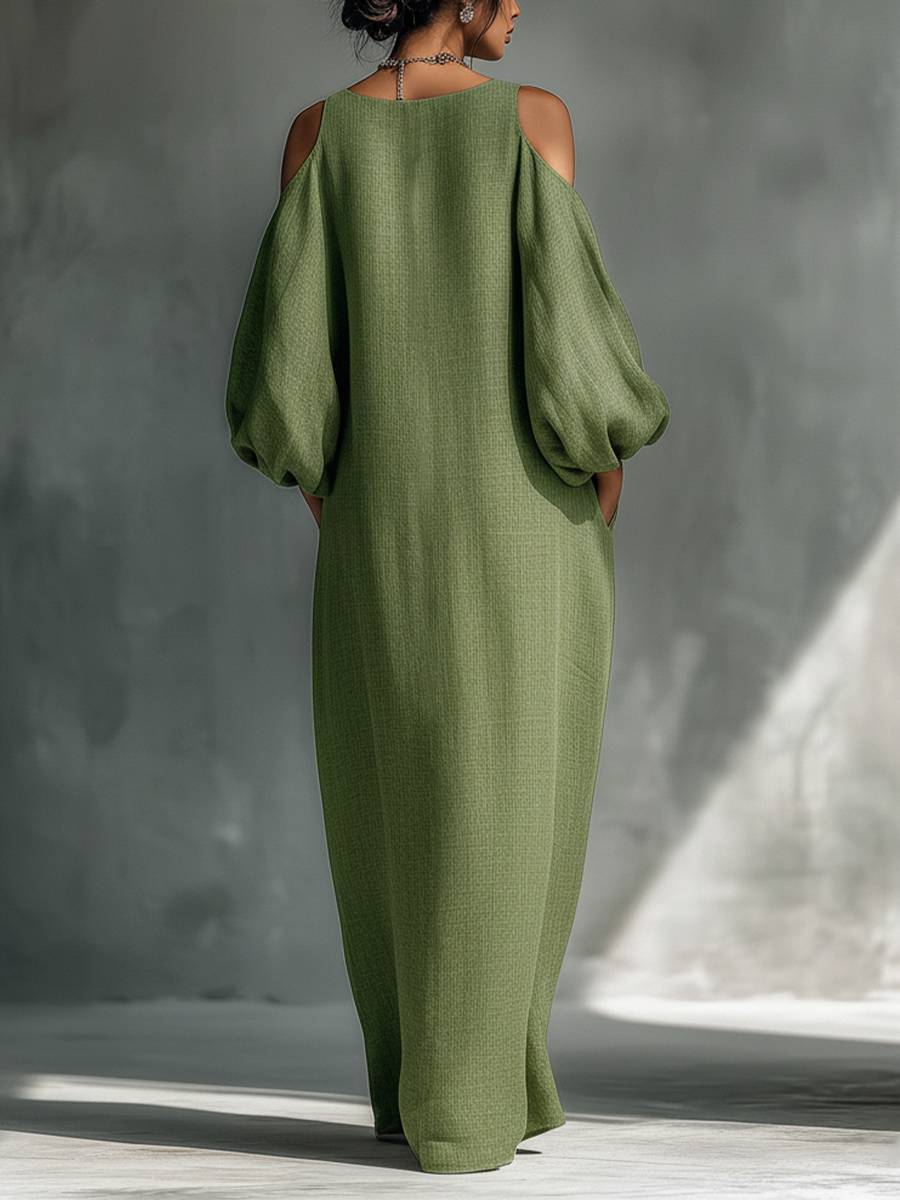Vestido maxi con hombros descubiertos, mangas abullonadas extragrandes y bolsillos laterales