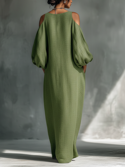 Vestido maxi con hombros descubiertos, mangas abullonadas extragrandes y bolsillos laterales