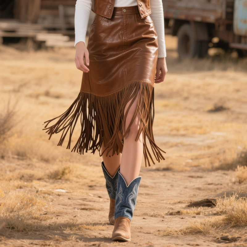 Falda de cuero con flecos bohemia campestre para mujer