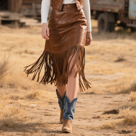 Falda de cuero con flecos bohemia campestre para mujer