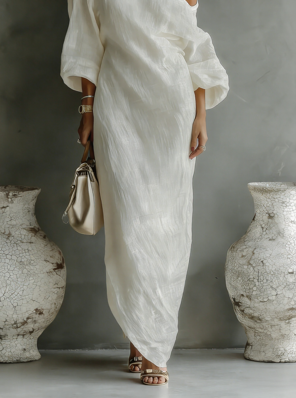 Vestido maxi blanco marfil de un solo hombro con abertura lateral de algodón y lino